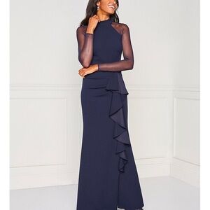 Mock Neck Illusion Long Sleeve Ruffled Scuba Crepe Mesh Gown Size 12